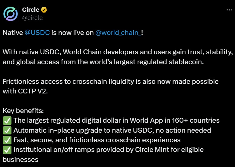 USDC Circle World Chain tweet