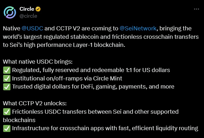 Sei network circle usdc