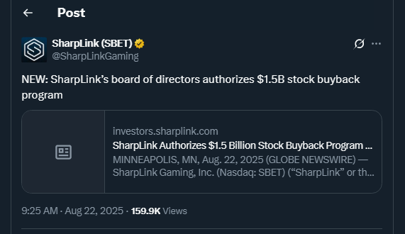 Tweet de SharpLinkGaming