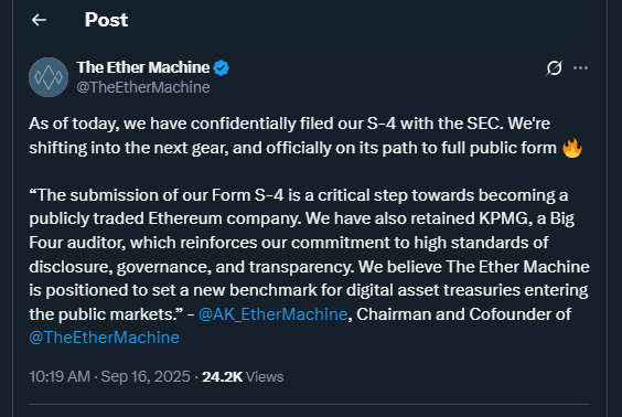 Tweet de TheEtherMachine