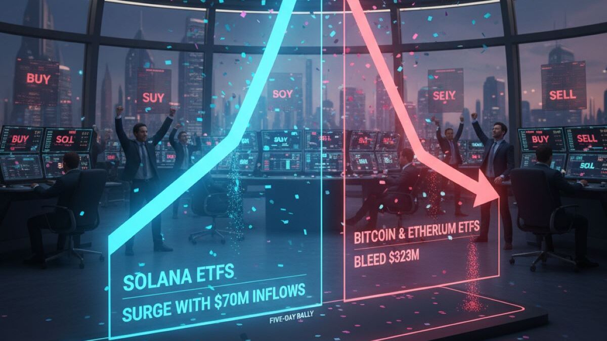 Los ETF de Solana atraen $70 millones en cinco días mientras los fondos de Bitcoin y Ethereum registran salidas por $323 millones ante el cambio de sentimiento inversor.