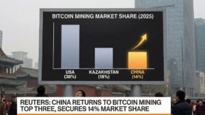 China vuelve a ser el tercer mayor centro de minería de Bitcoin, con 14% de capacidad global gracias a electricidad barata y señales de política más flexibles.