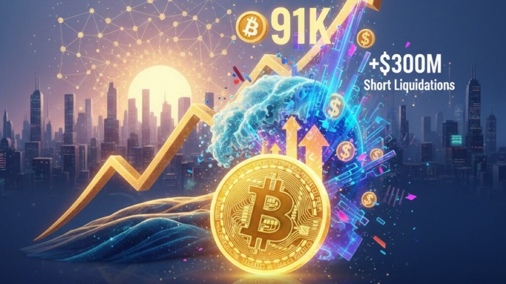 Bitcoin superó los $91,000 hoy, generando más de $300 millones en liquidaciones de posiciones cortas, según datos de Coinglass.