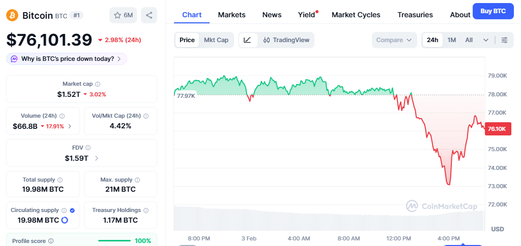 Bitcoin cotiza en $76,101 tras una caída del -2,98% en las últimas 24 horas