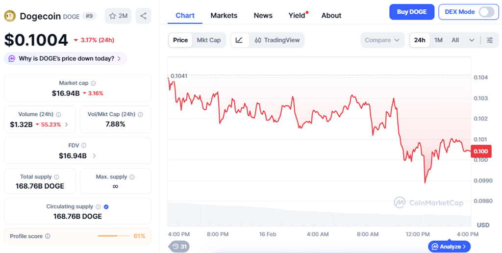 Dogecoin cotiza en $0.1004 pese a una caída del 3.17% en las últimas 24 horas, manteniéndose firme cerca del nivel psicológico de $0.10.
