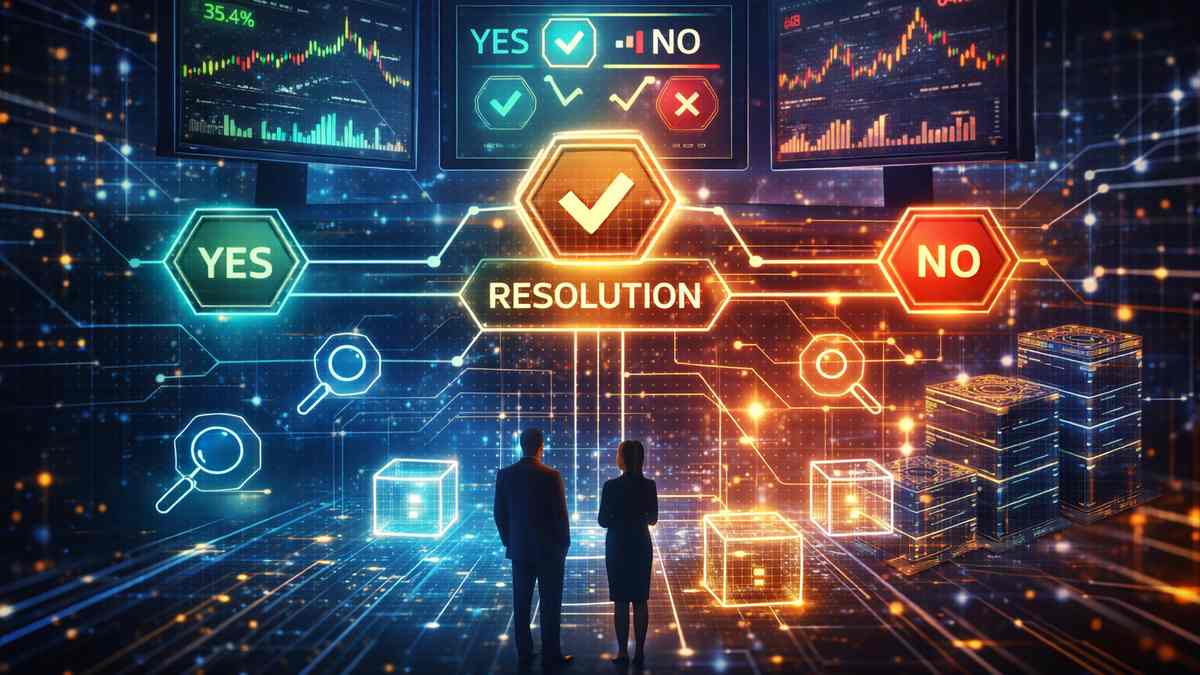 Digital resolution interface in a futuristic city - Polymarket