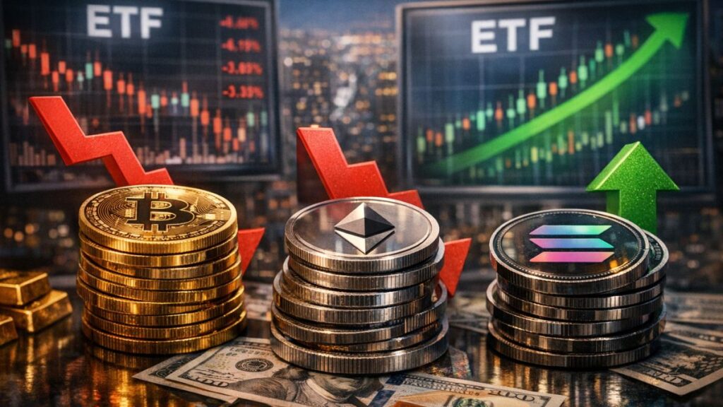 Los ETF de bitcoin y ethereum enfrentan salidas; Solana destaca con nuevas entradas