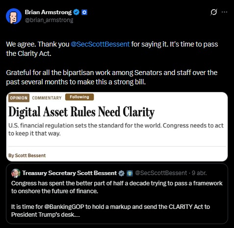 Brian Armstrong Coinbase Clarity Act Scott Bessent