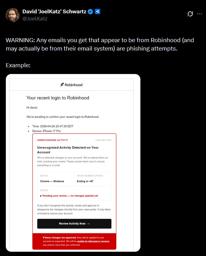 Ripple’s David Schwartz Exposes New Phishing Scam Targeting Robinhood Users