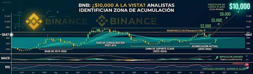 BNB cotiza cerca de los $647 mientras analistas identifican una zona de acumulación entre $300 y $600