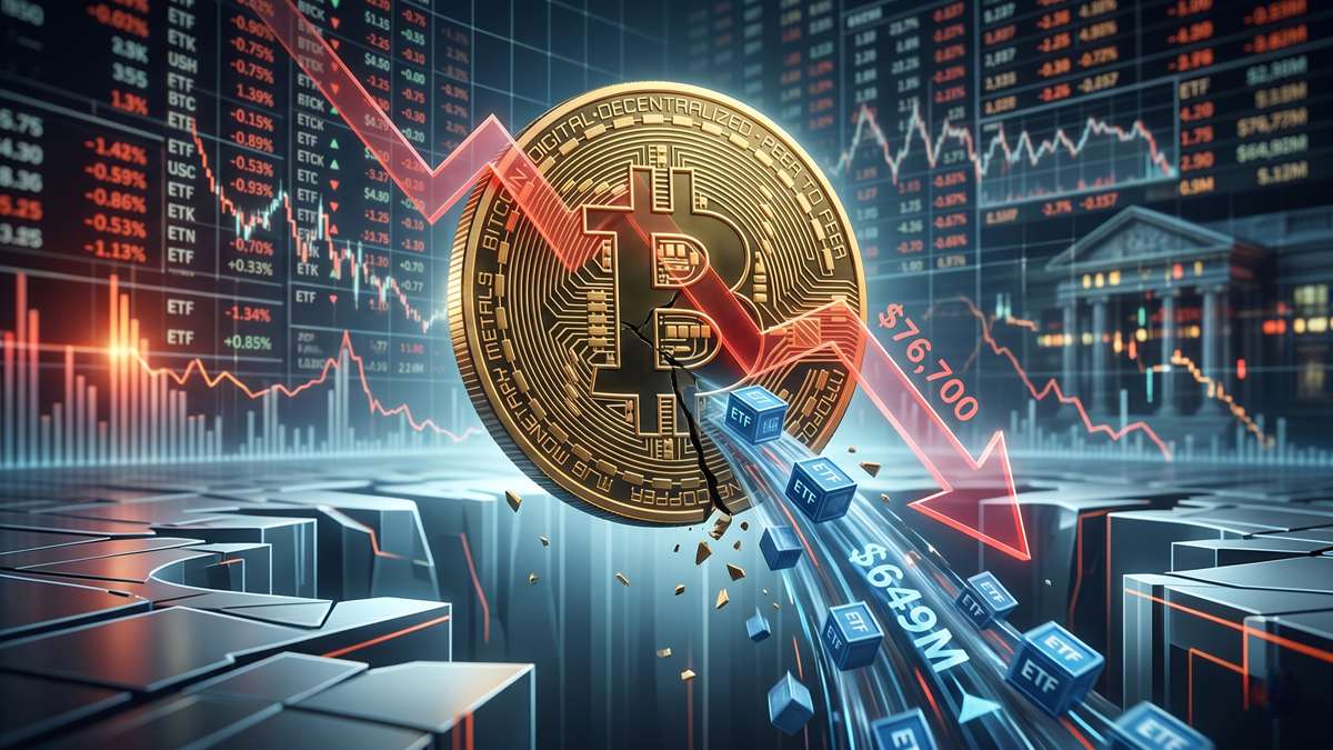 Bitcoin retrocedió a los $76,700 tras registrarse salidas de $649 millones en los ETF al contado
