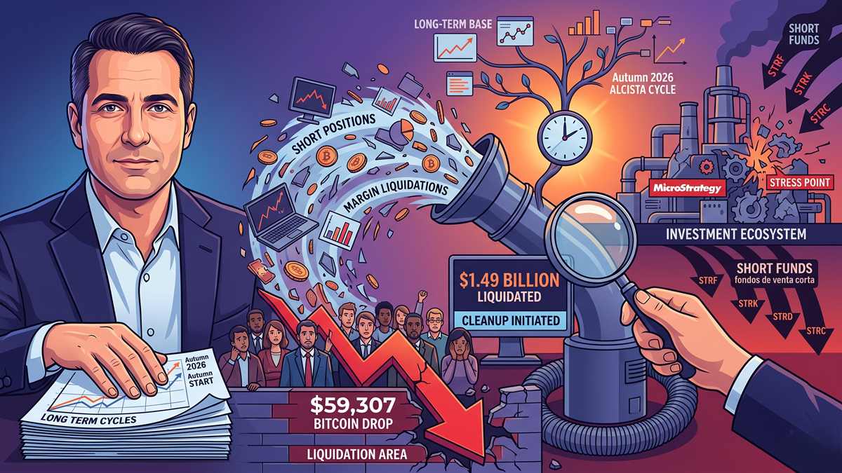 Bitcoin cae a $59,307 y provoca liquidaciones de $1.49 mil millones. El analista Bob Loukas anticipa una fase lateral