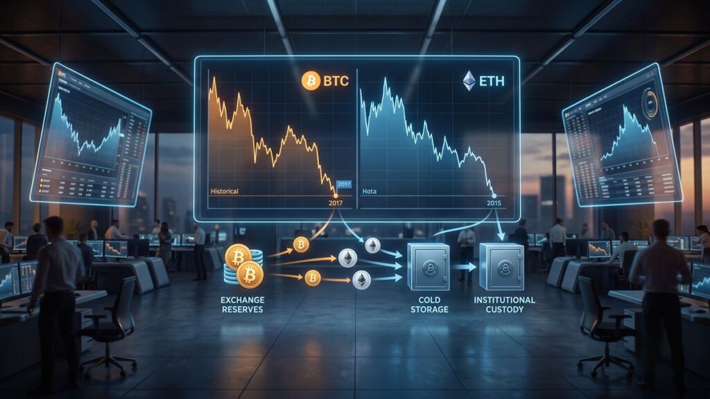 Datos de Santiment revelan que el suministro de Bitcoin y Ethereum en exchanges marca mínimos históricos