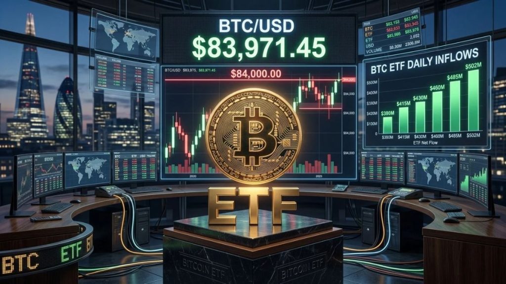 Las entradas en los ETF de Bitcoin continúan mientras BTC lucha por superar los $84,000