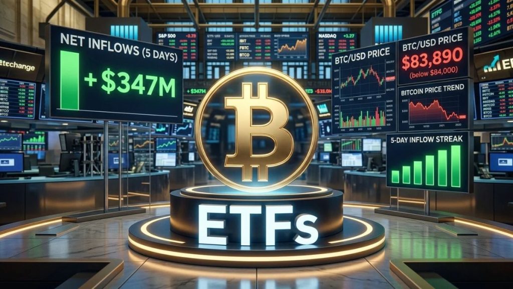 Los ETF de Bitcoin atraen $347M y extienden su racha de 5 días mientras BTC cae por debajo de los $84K