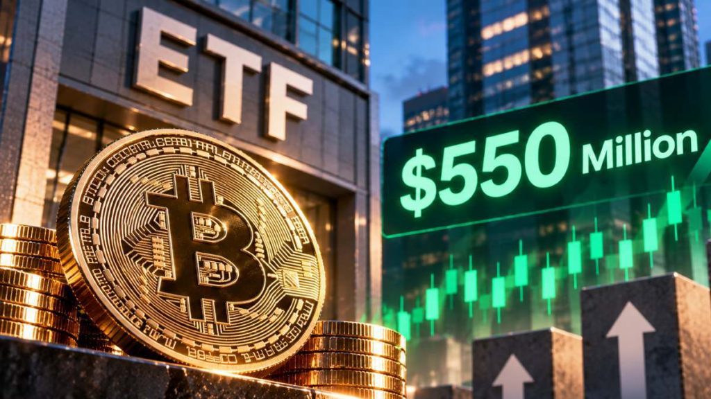 Los ETF spot de Bitcoin sumaron casi $550 millones en dos sesiones, mientras los fondos de Ether acumularon $129,41 millones en salidas.