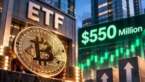 Los ETF spot de Bitcoin sumaron casi $550 millones en dos sesiones, mientras los fondos de Ether acumularon $129,41 millones en salidas.