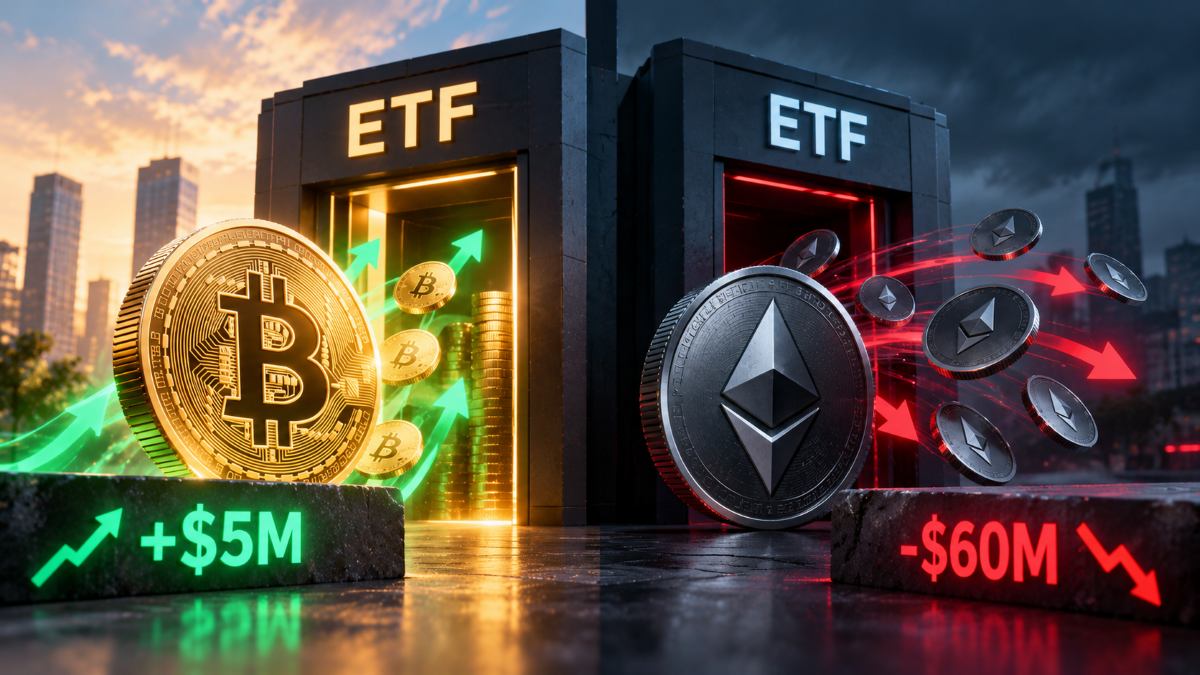 Los ETF de Bitcoin suman $5,1 millones en entradas netas mientras los fondos de Ether pierden $60,3 millones en otra sesión volátil.