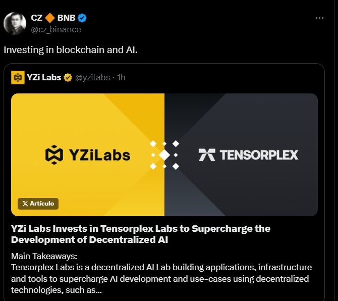 CZ's YZi Labs Expands AI Focus with Strategic Tensorplex Investment ...