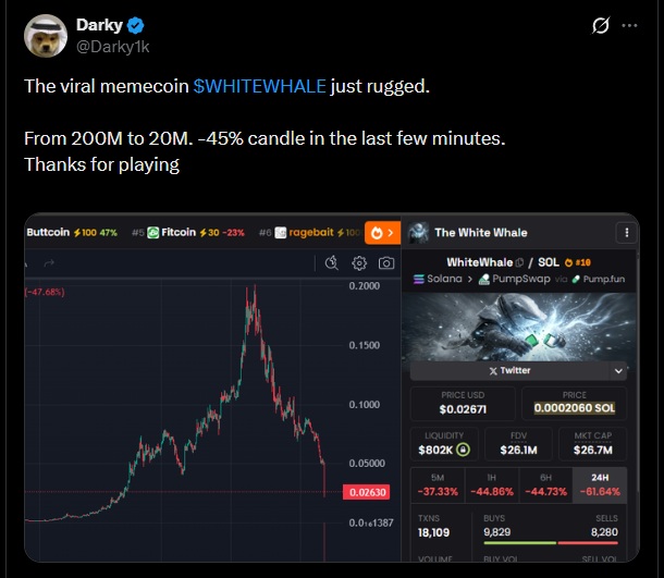 Offload Meme WhiteWhale Crashes After Rug Pull Allegations as Whales Offload $1.3M ...