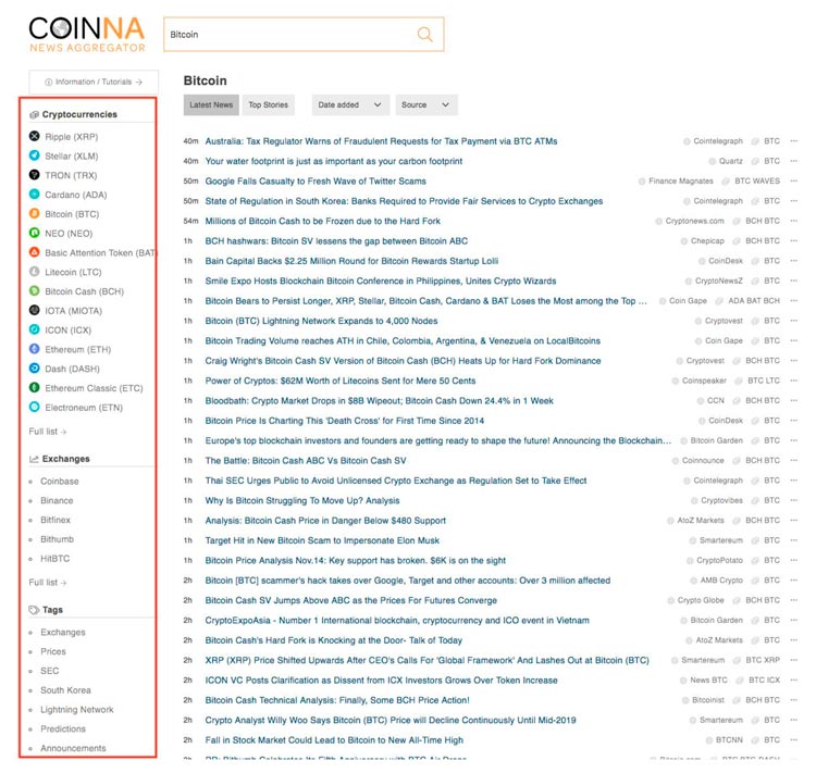 CoinNA select the information you want to see