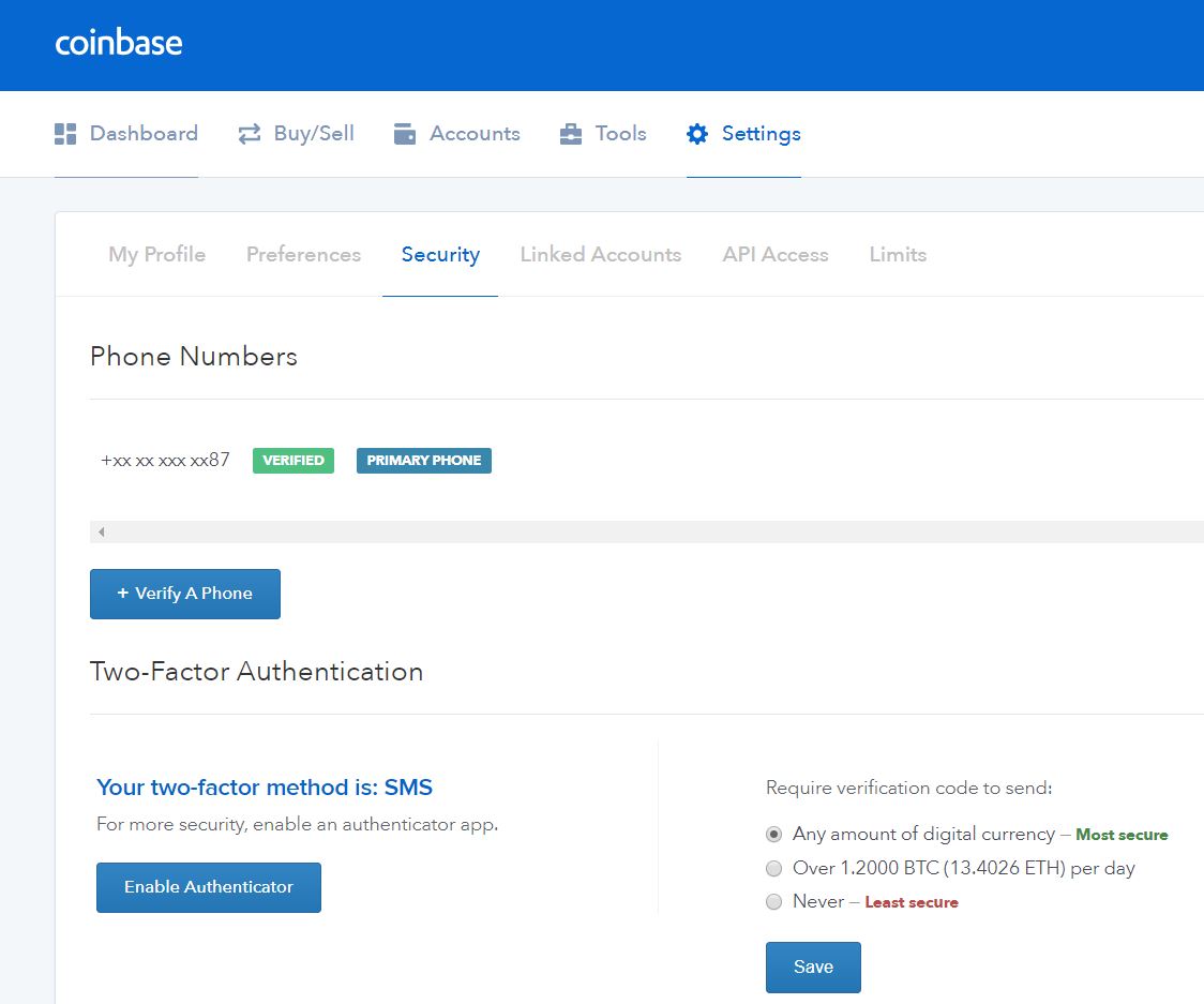 coinbase security settings