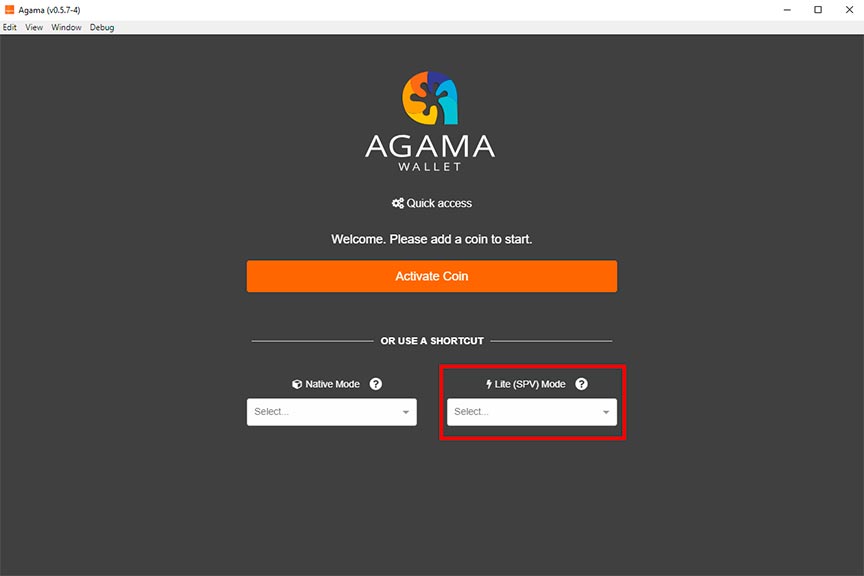 agama wallet -select-wallet-mode